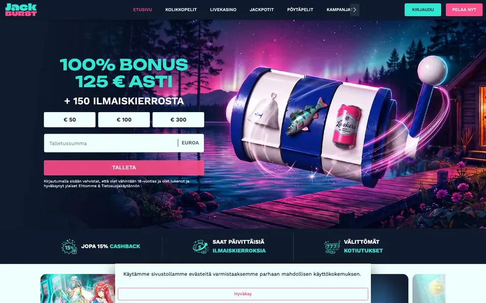 JackBurst – etusivun näkymä työpöydällä
