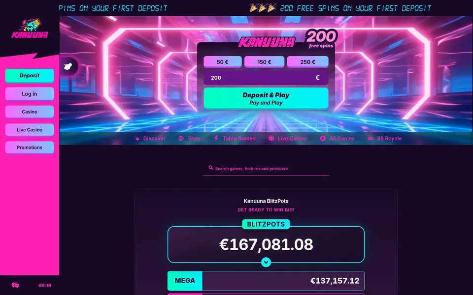 Kanuuna Casino – etusivun näkymä työpöydällä