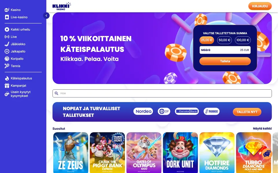 Klikki Kasino – etusivun näkymä työpöydällä