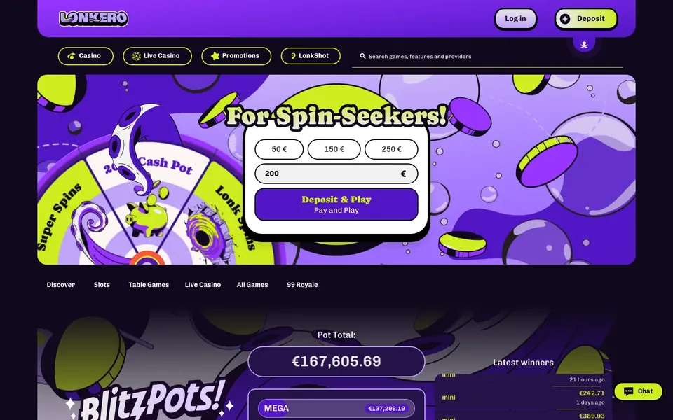 Lonkero Casino – etusivun näkymä työpöydällä