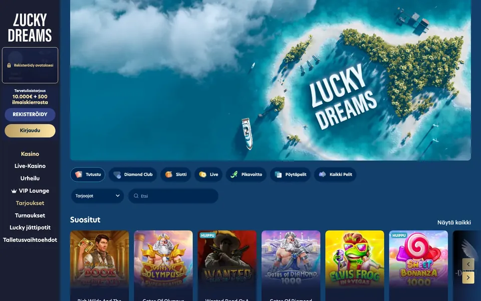 Lucky Dreams – etusivun näkymä työpöydällä