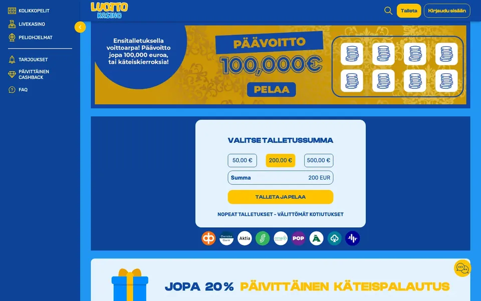 Luotto Kasino – etusivun näkymä työpöydällä
