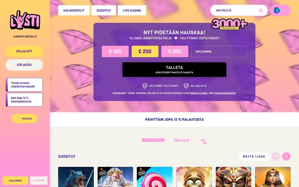 Lysti Casino – etusivun näkymä työpöydällä