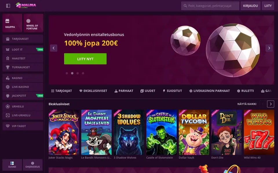 MalinaCasino – etusivun näkymä työpöydällä