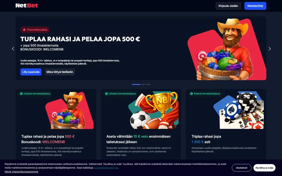 NetBet – etusivun näkymä työpöydällä