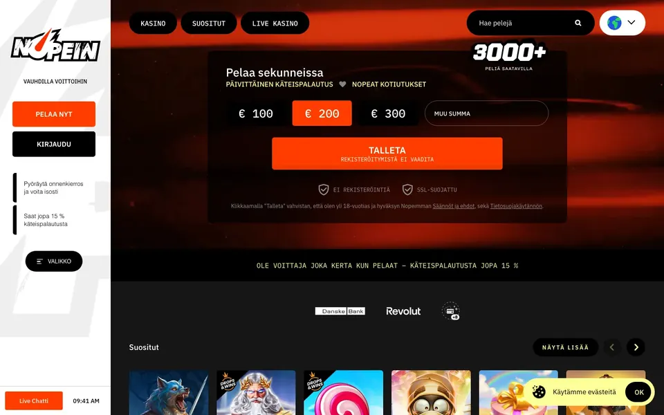 Nopein Casino – etusivun näkymä työpöydällä