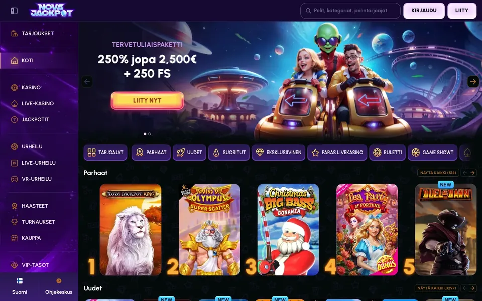 NovaJackpot Casino – etusivun näkymä työpöydällä