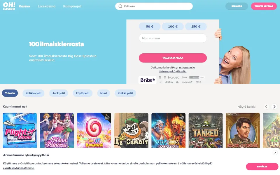 Oh Casino – etusivun näkymä työpöydällä