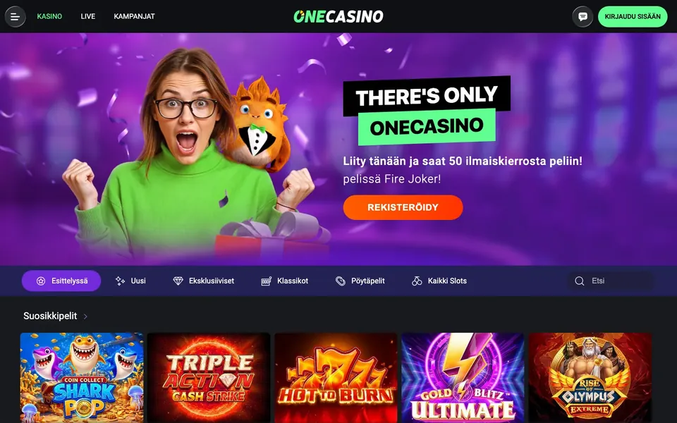 One Casino – etusivun näkymä työpöydällä