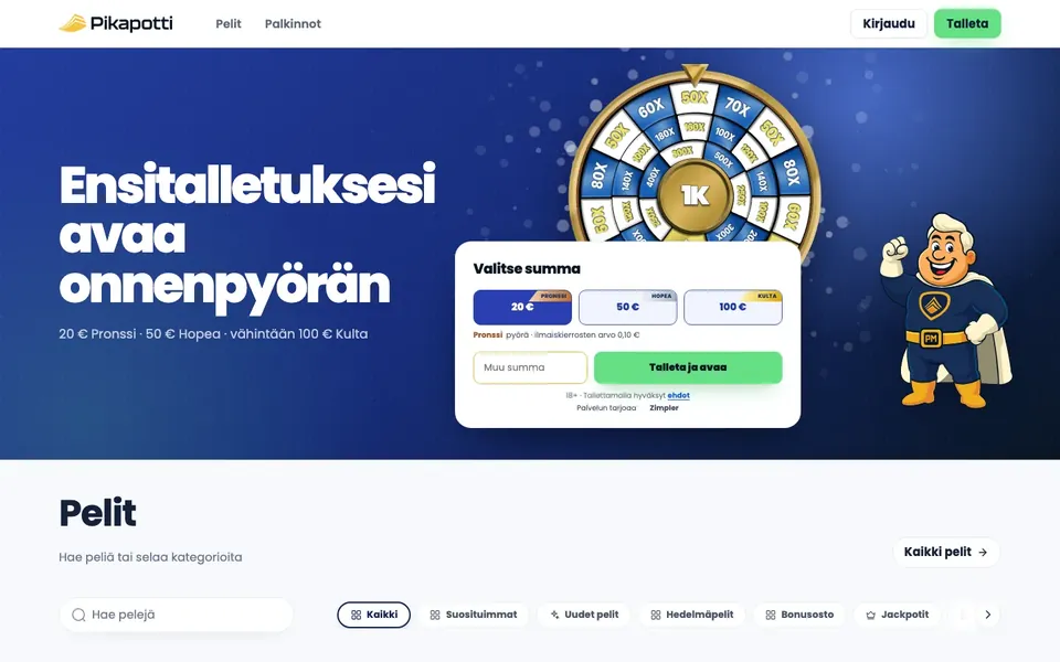 Pikapotti – etusivun näkymä työpöydällä