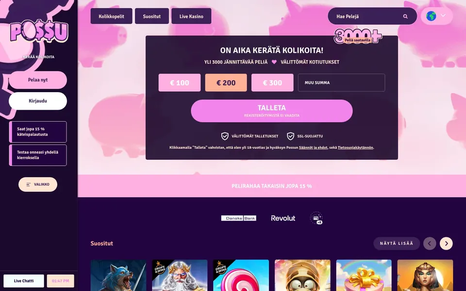 Possu Casino – etusivun näkymä työpöydällä