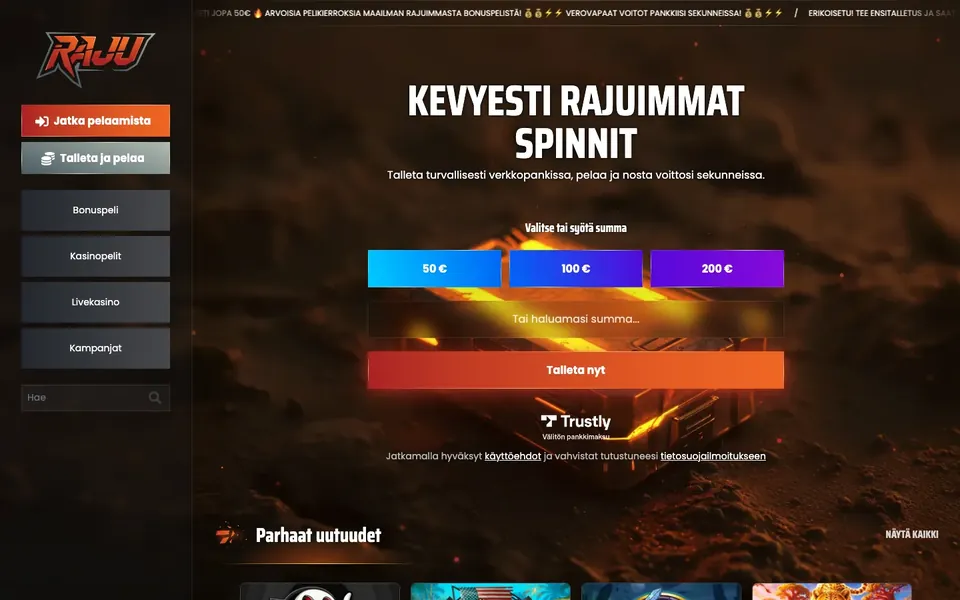 Raju – etusivun näkymä työpöydällä