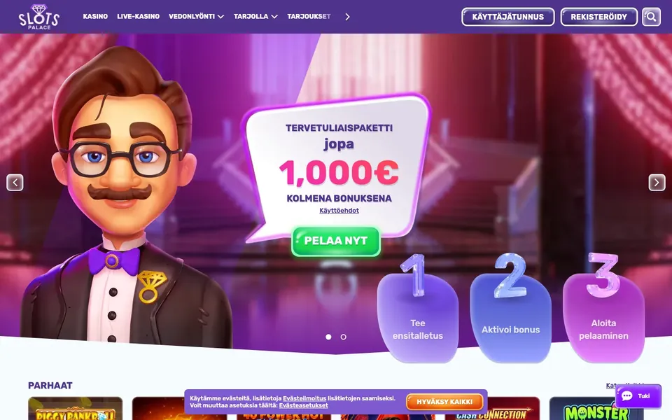 SlotsPalace – etusivun näkymä työpöydällä