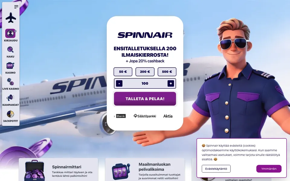 Spinnair – etusivun näkymä työpöydällä