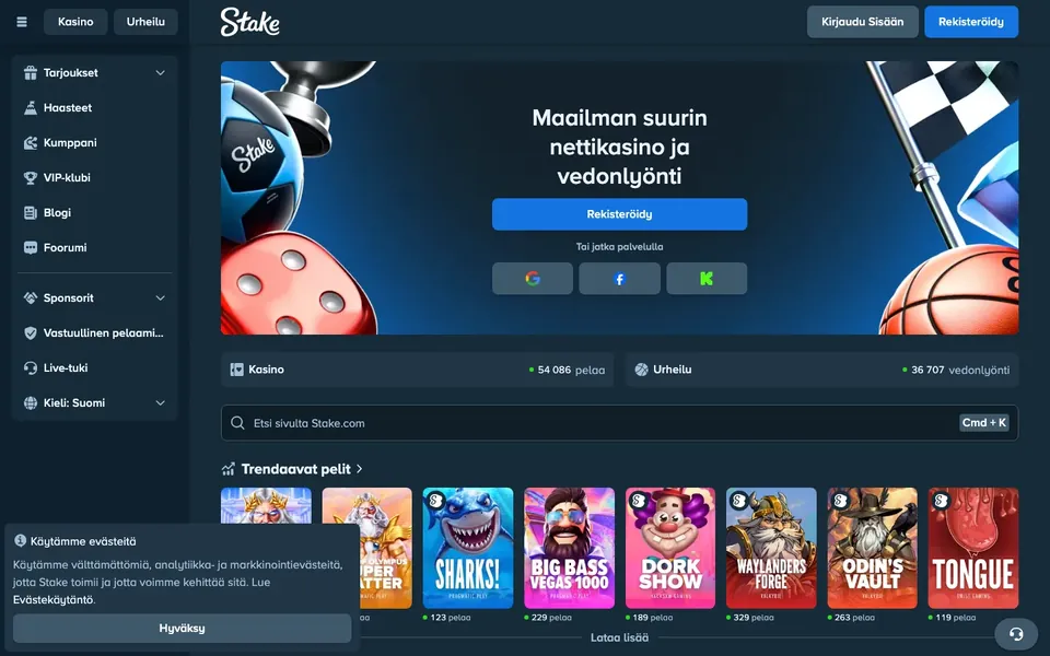 Stake – etusivun näkymä työpöydällä