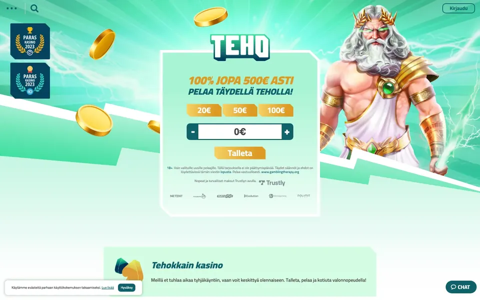 Teho Kasino – etusivun näkymä työpöydällä