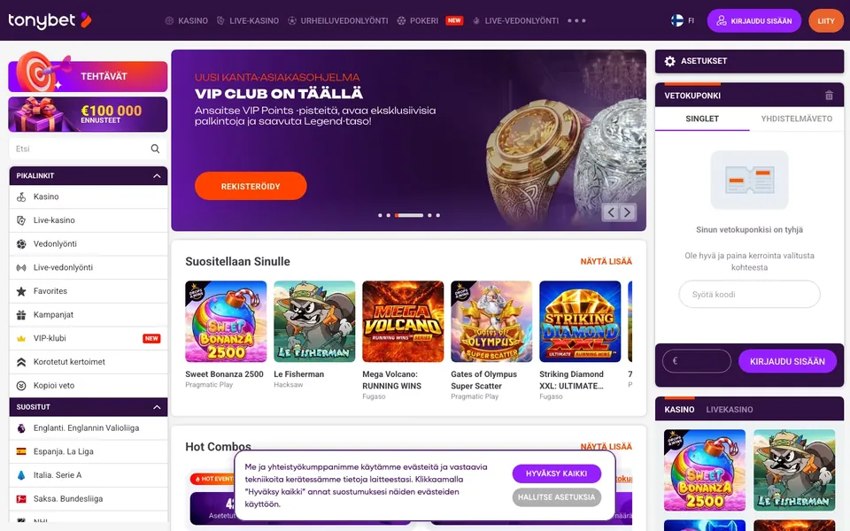 TonyBet – etusivun näkymä työpöydällä