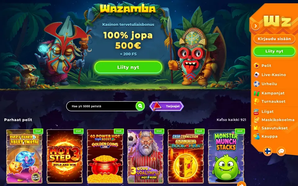 Wazamba – etusivun näkymä työpöydällä