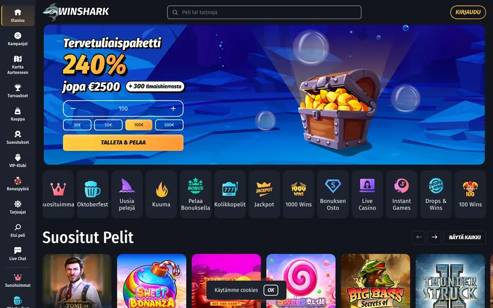 WinShark Casino – etusivun näkymä työpöydällä