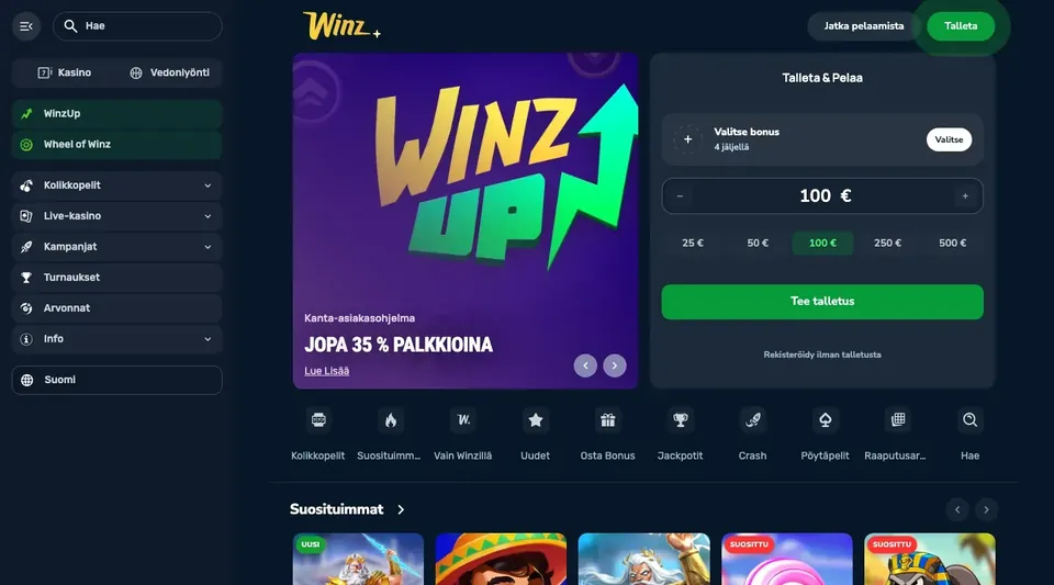 Winz – etusivun näkymä työpöydällä