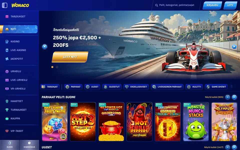 Wonaco Casino – etusivun näkymä työpöydällä