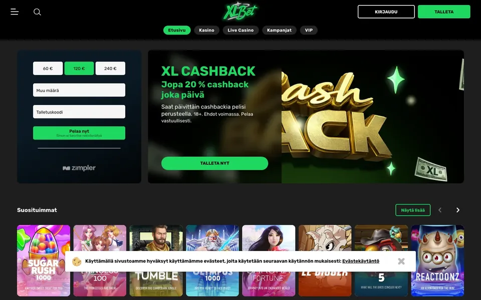 XLbet – etusivun näkymä työpöydällä