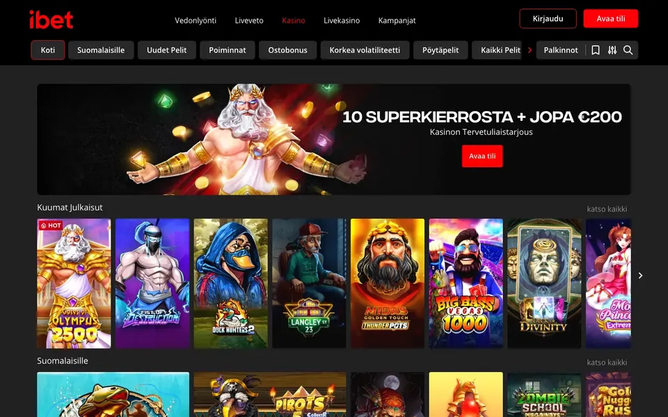 iBet – pelivalikoiman näkymä työpöydällä