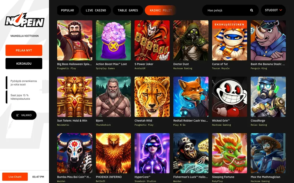 Nopein Casino – pelivalikoiman näkymä työpöydällä