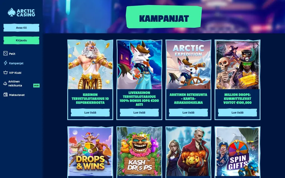 Arctic Casino – kampanjasivun näkymä työpöydällä