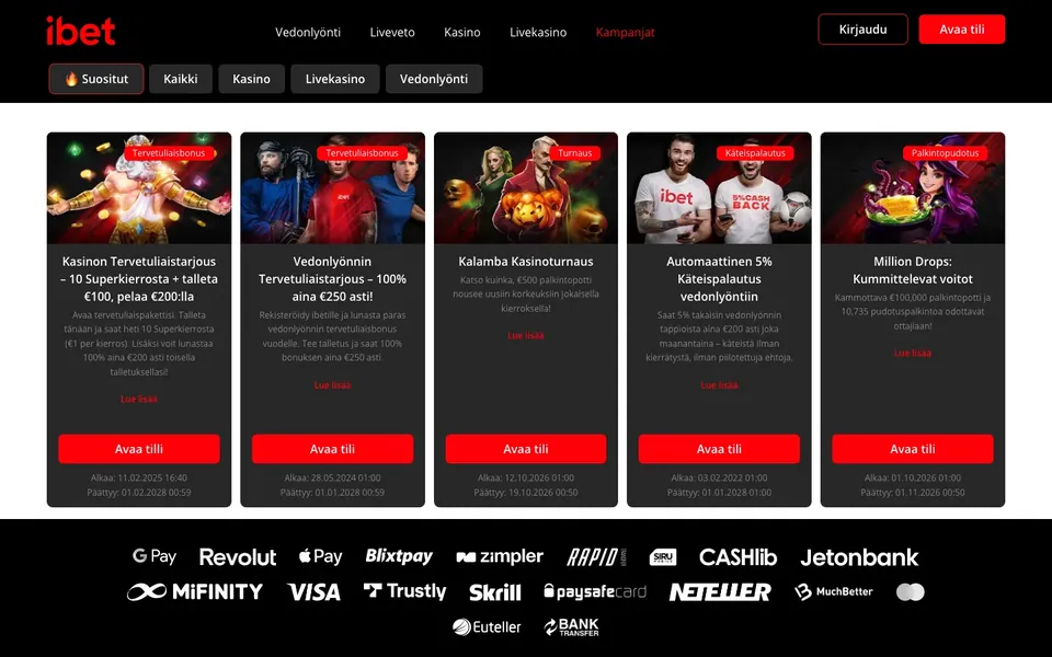 iBet – kampanjasivun näkymä työpöydällä