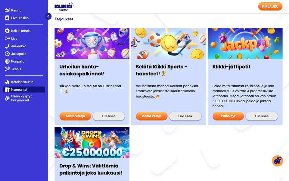 Klikki Kasino – kampanjasivun näkymä työpöydällä