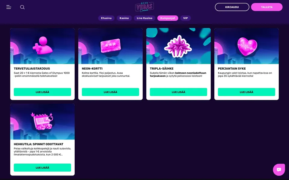 Neon Vegas – kampanjasivun näkymä työpöydällä