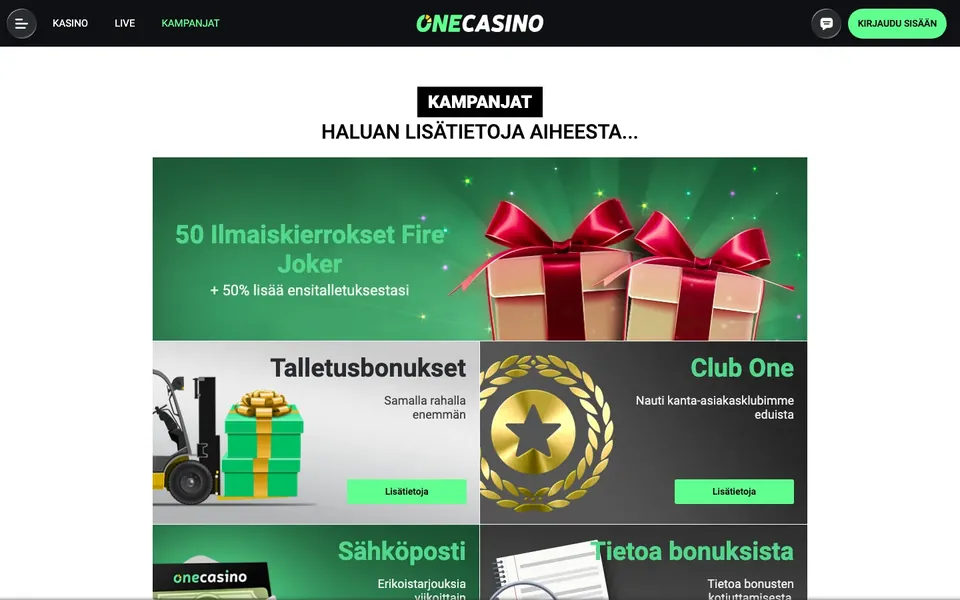 One Casino – kampanjasivun näkymä työpöydällä