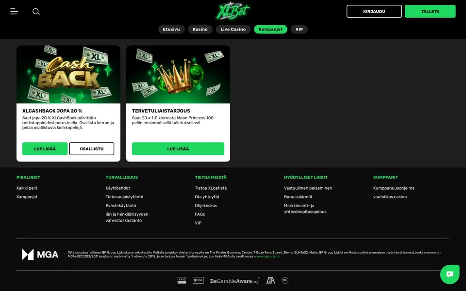 XLbet – kampanjasivun näkymä työpöydällä